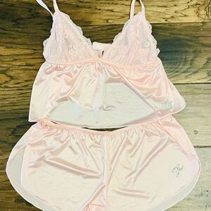 Elegant Pink Lace Trim Sleepwear Set